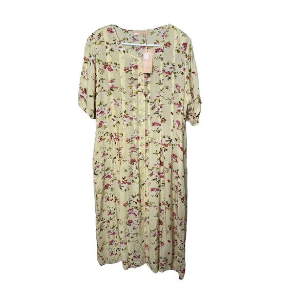 NWT La Cera Dress Short Sleeve Plus Size 1X Butter Yellow Midi Floral Pockets - Picture 1 of 12